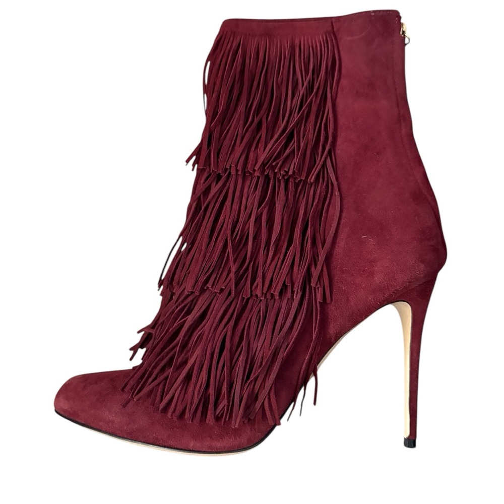 Paul Andrew Handmade in Italy Suede Fringed Burgundy Stiletto Ankle Boots Sz 37